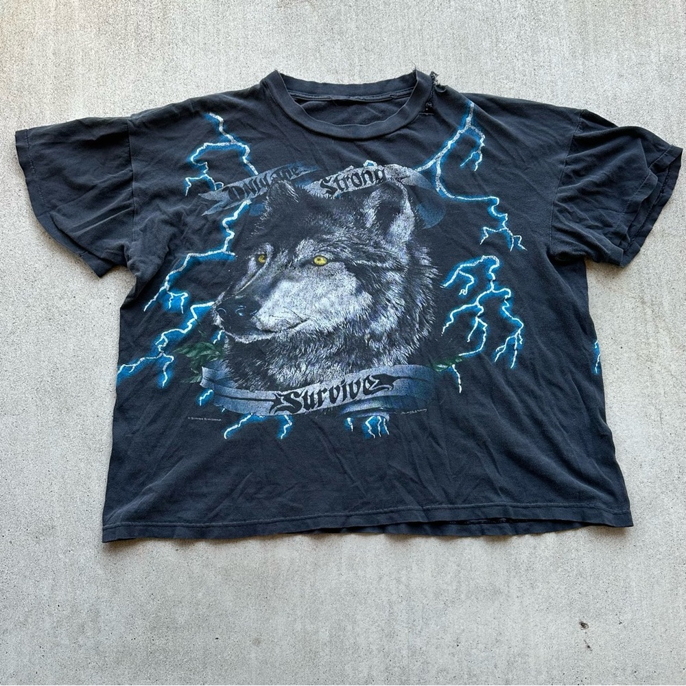 Vintage American Thunder T Shirt 90s Lighting Wolf Biker Single Stitch AOP